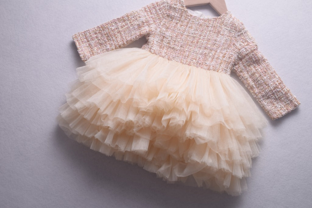 Vestido Infantil Tweed Sainha Tule