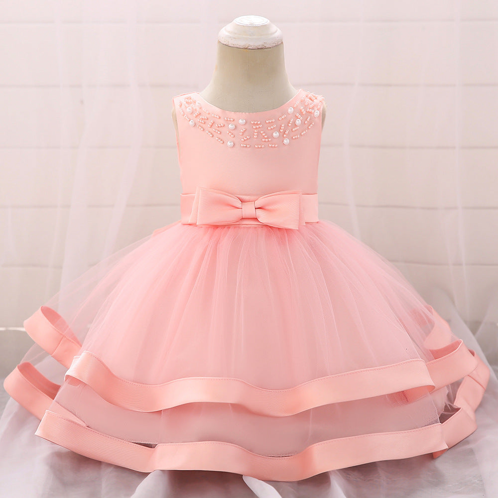 Vestido De Festa Infantil Tule Lacinho e Pérolas