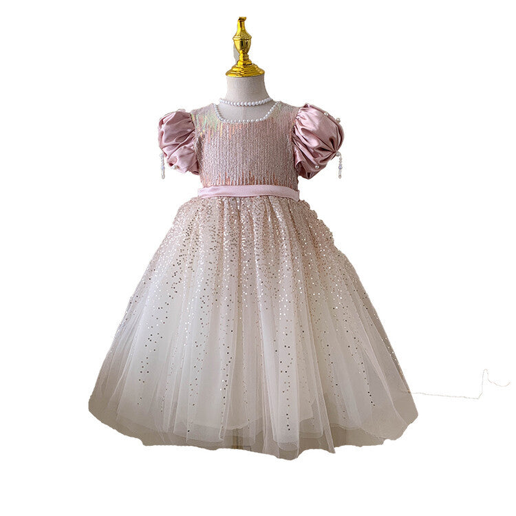 Vestido Infantil Brilhante Pérolas Lacinho