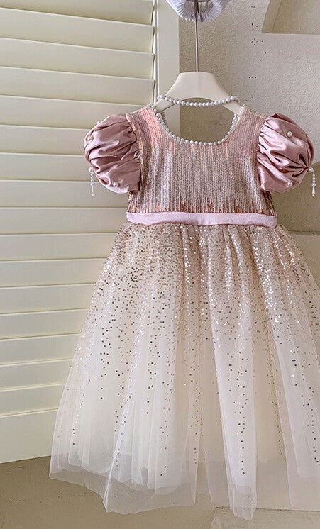 Vestido Infantil Brilhante Pérolas Lacinho