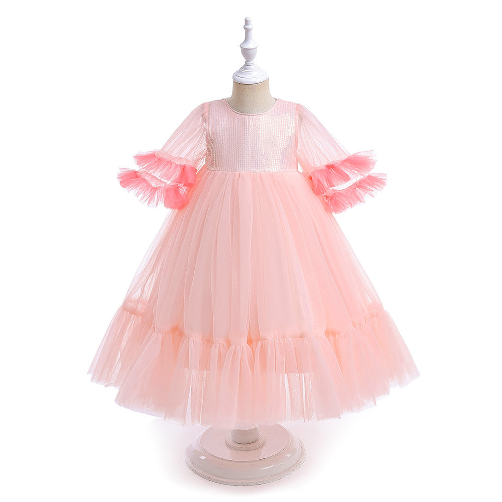 Vestido De Festa Infantil Rosa Tule e Lantejoulas