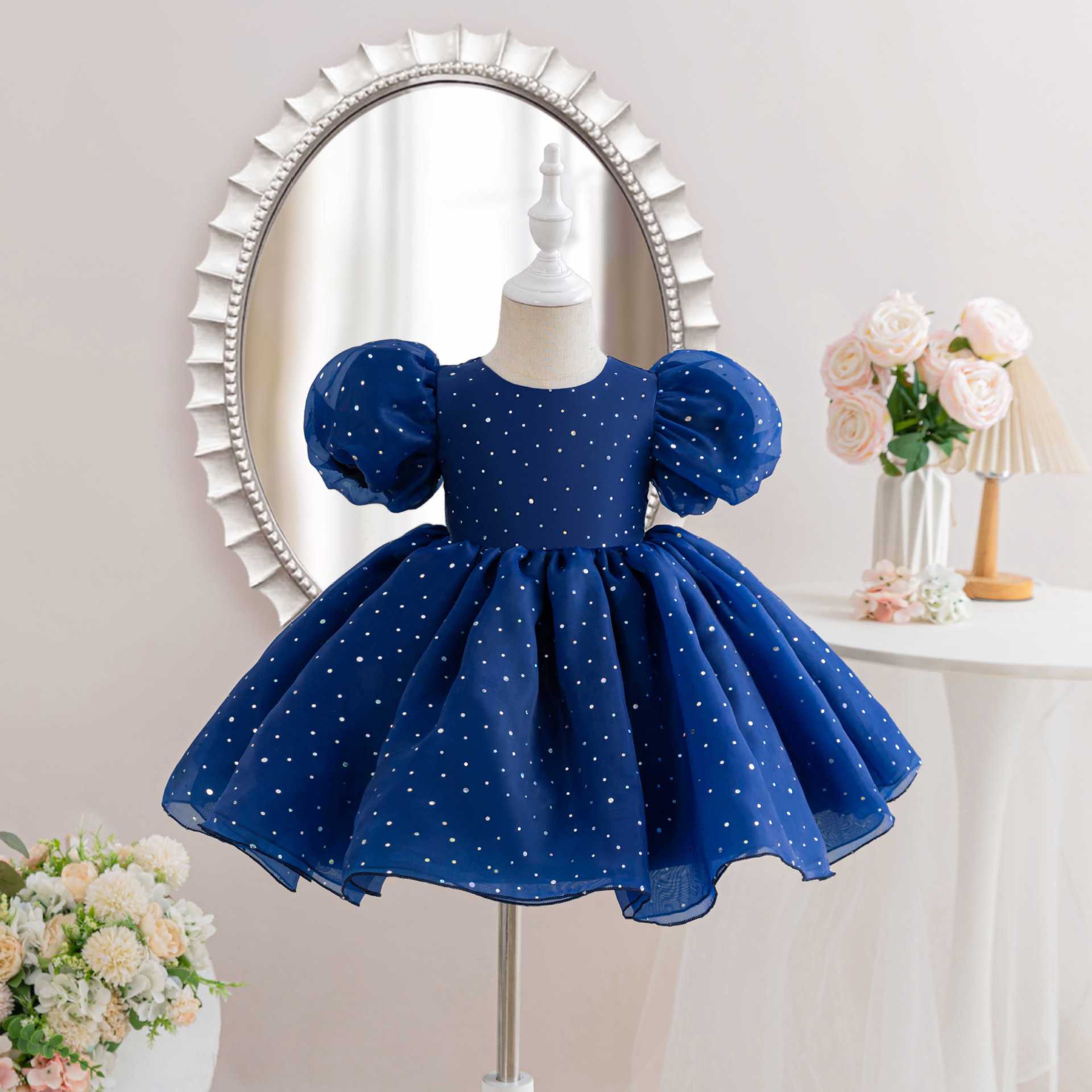 Vestido Infantil Festa Azul Bolinhas