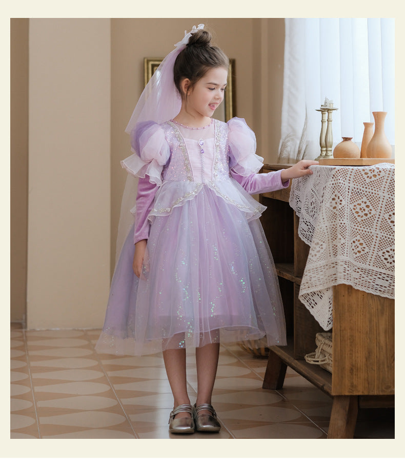 Vestido Infantil Princesa Manga Longa Brilhante