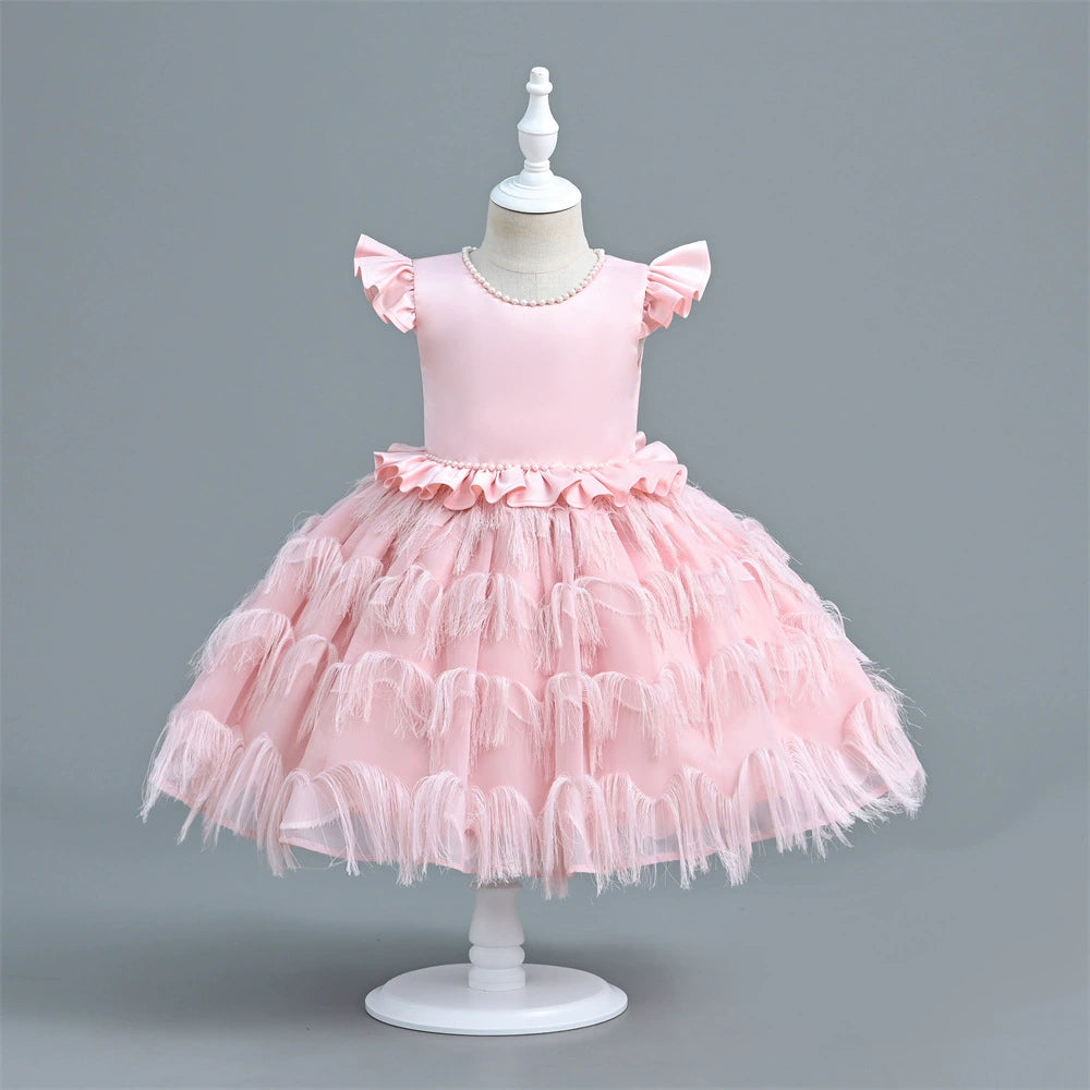Vestido Infantil De Festa Tule Camadas e Plumas