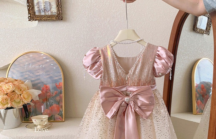 Vestido Infantil Brilhante Pérolas Lacinho