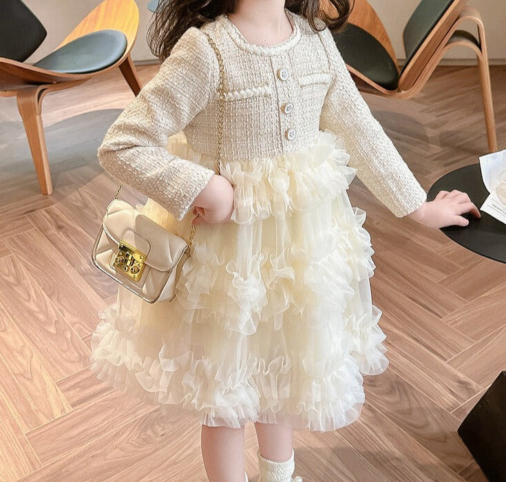 Vestido Infantil Tweed e Camadas De Tule