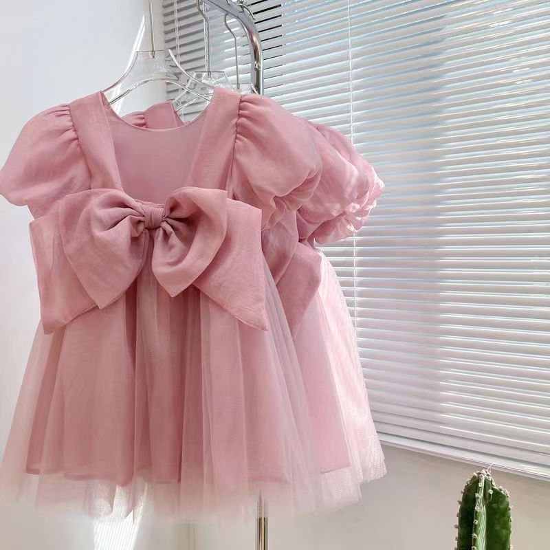 Vestido Infantil Tule Rosa Lacinho