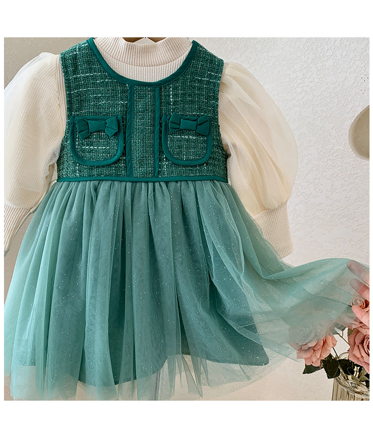 Vestido Infantil Inverno/ Verão Verde Bolsinhos