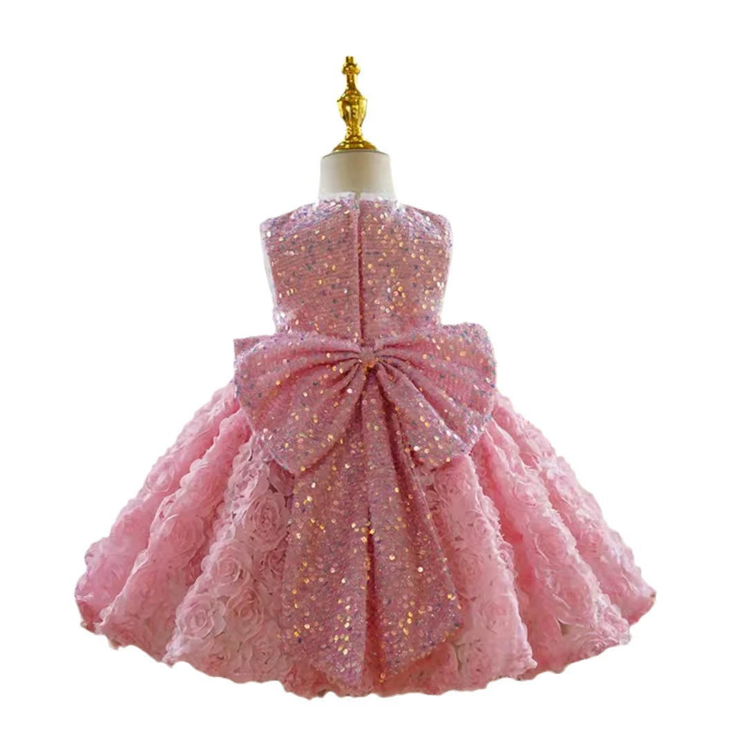 Vestido Infantil Rosa Floral e Brilhos