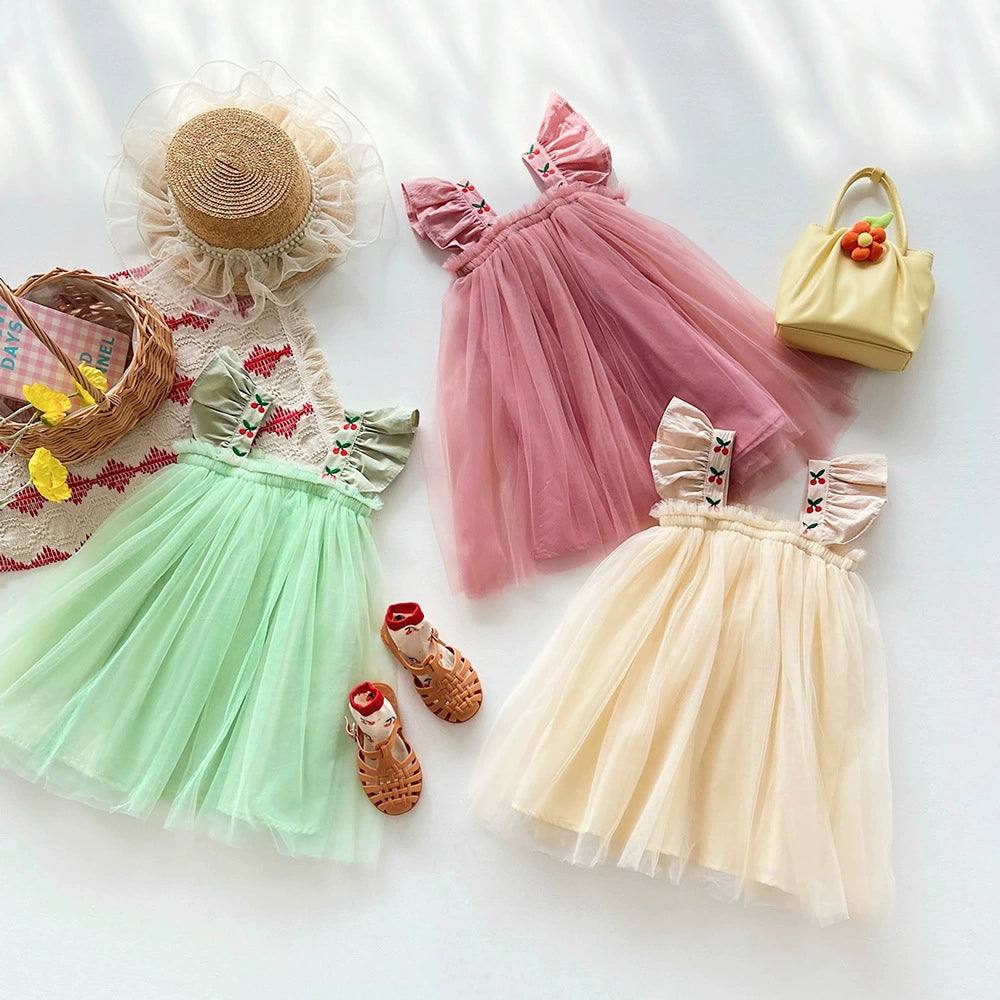 Vestido Infantil Tule Alcinha Cerejinhas