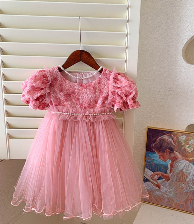 Vestido Infantil Tule Pérolas Florzinhas