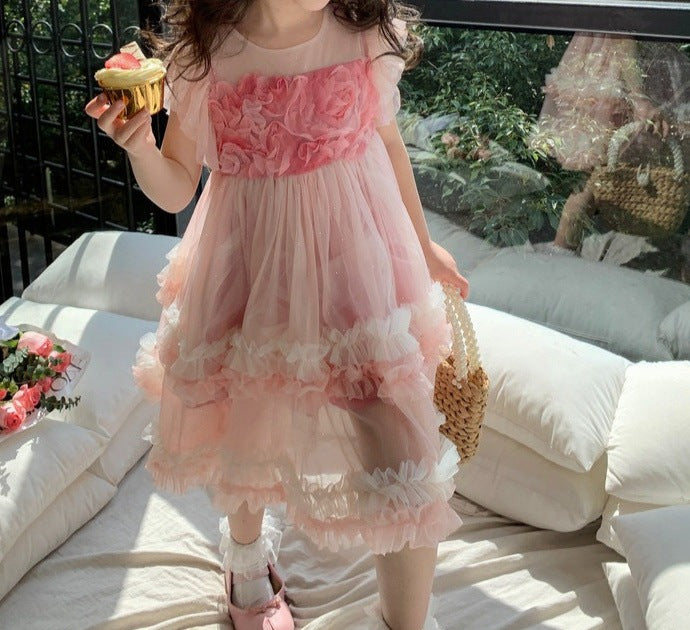 Vestido Infantil Tule Brilhante Rosinhas