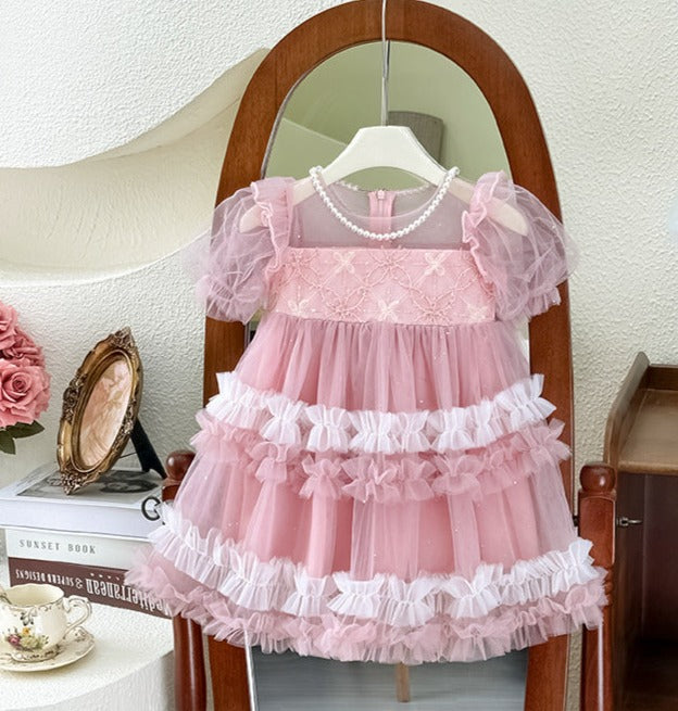 Vestido Infantil Tule Pérolas e Lacinho