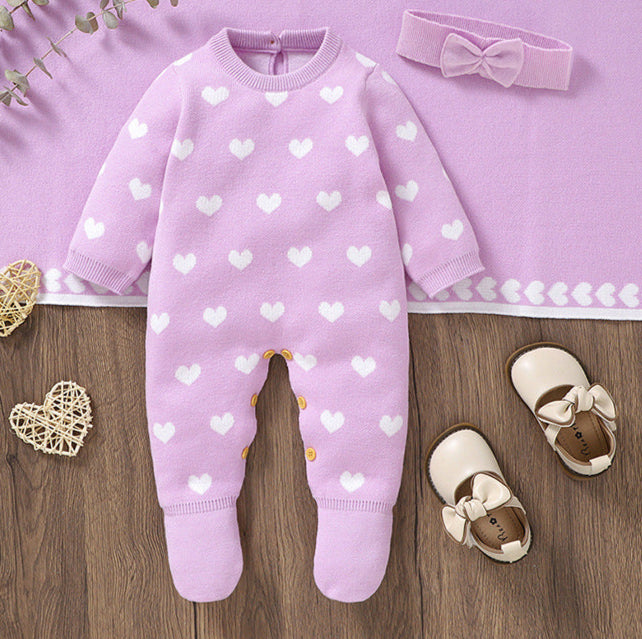 Macacão Infantil Feminino de Tricõ Corações