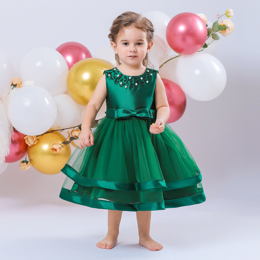 Vestido De Festa Infantil Tule Lacinho e Pérolas