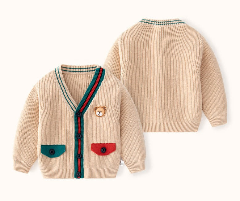 Cardigan Infantil Tricô Bolsinhos Ursinho