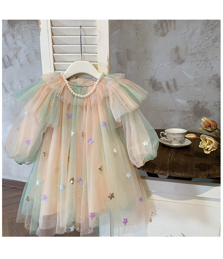 Vestido Infantil Tule Estrelinhas Brilhante