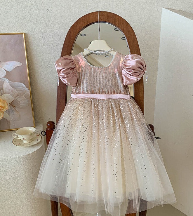 Vestido Infantil Brilhante Pérolas Lacinho