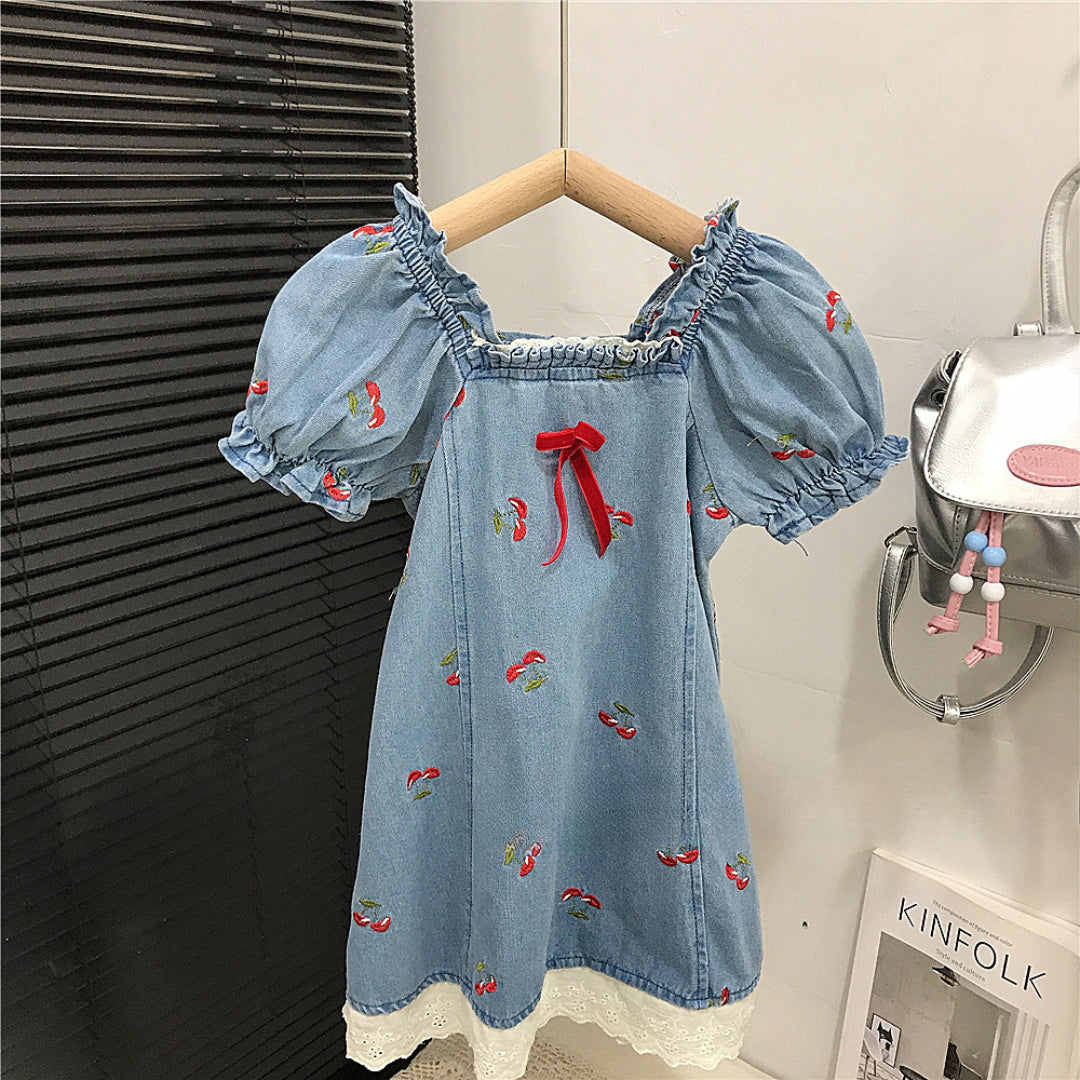 Vestido Infantil Jeans Bordado Cerejinha