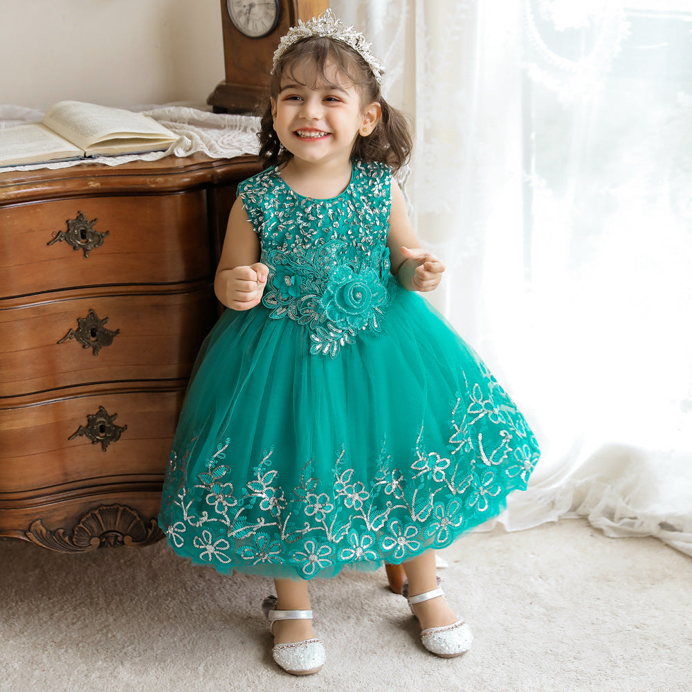 Vestido De Festa Infantil Tule Brilhante e Florzinhas