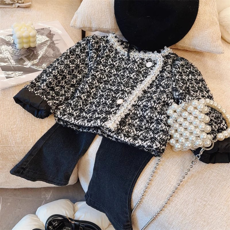 Casaco Infantil Tweed Xadrez Pérolas