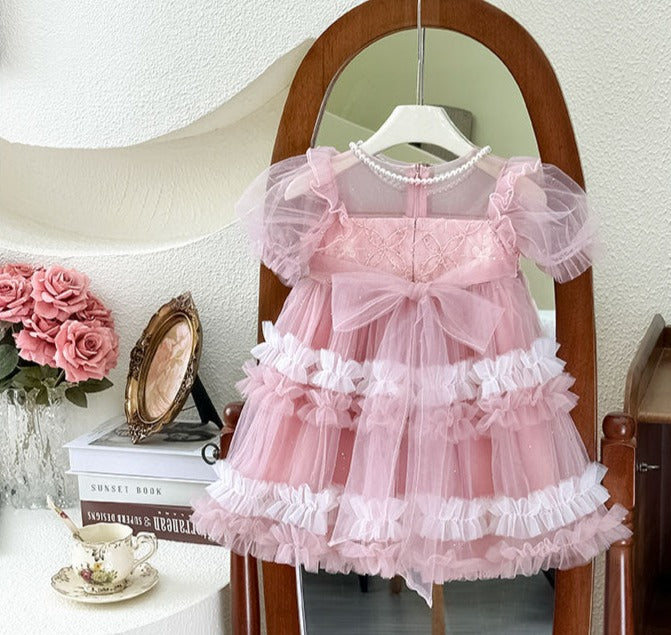 Vestido Infantil Tule Pérolas e Lacinho