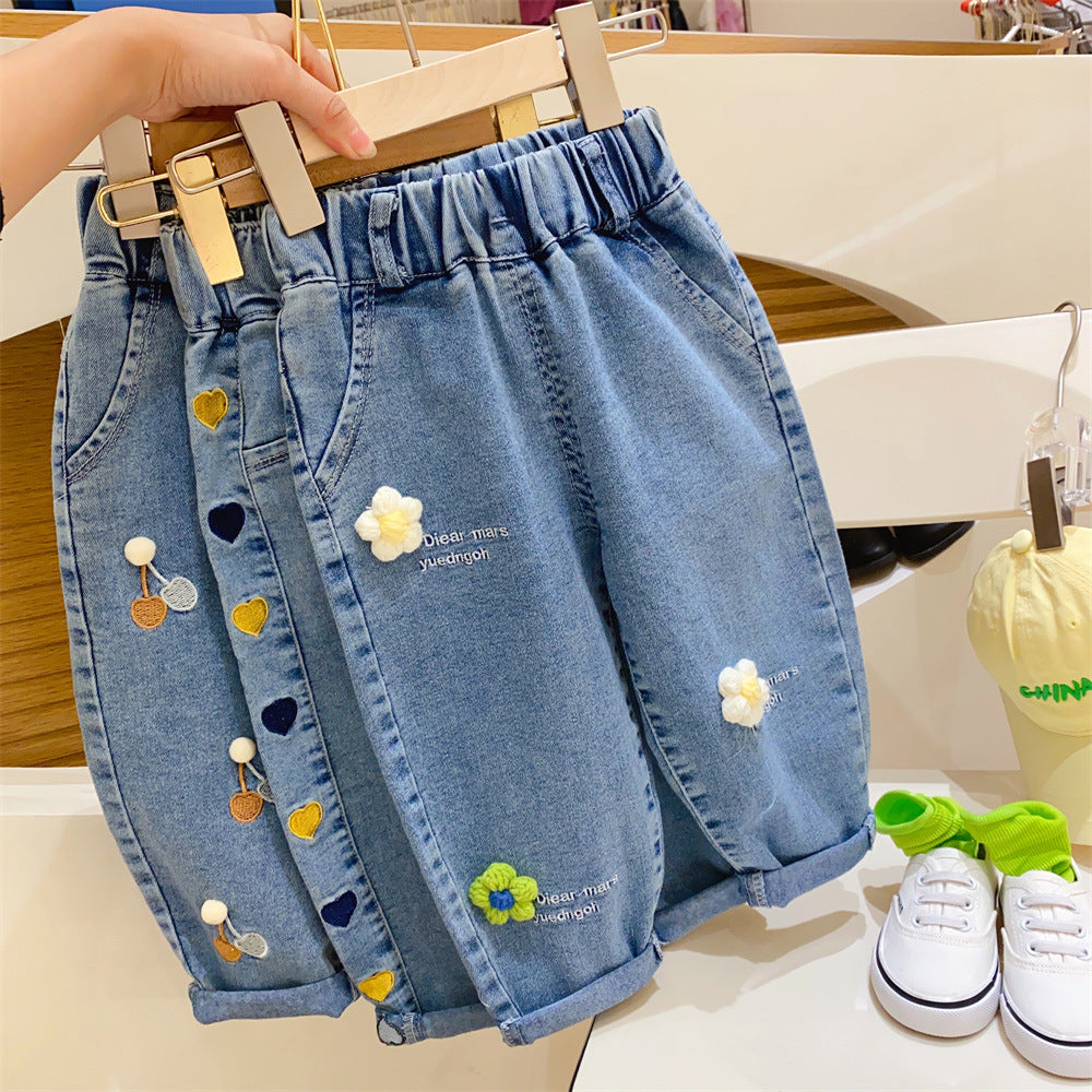 Calça Infantil Feminina Jeans Florzinhas e Coraçõeszinhos