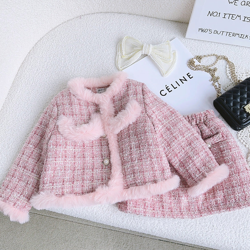 Conjunto Infantil Feminino Tweed Rosa Pelinhos