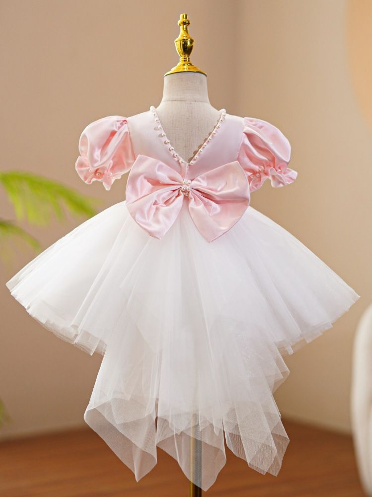 Vestido Infantil Rosa Pérolas Lacinho