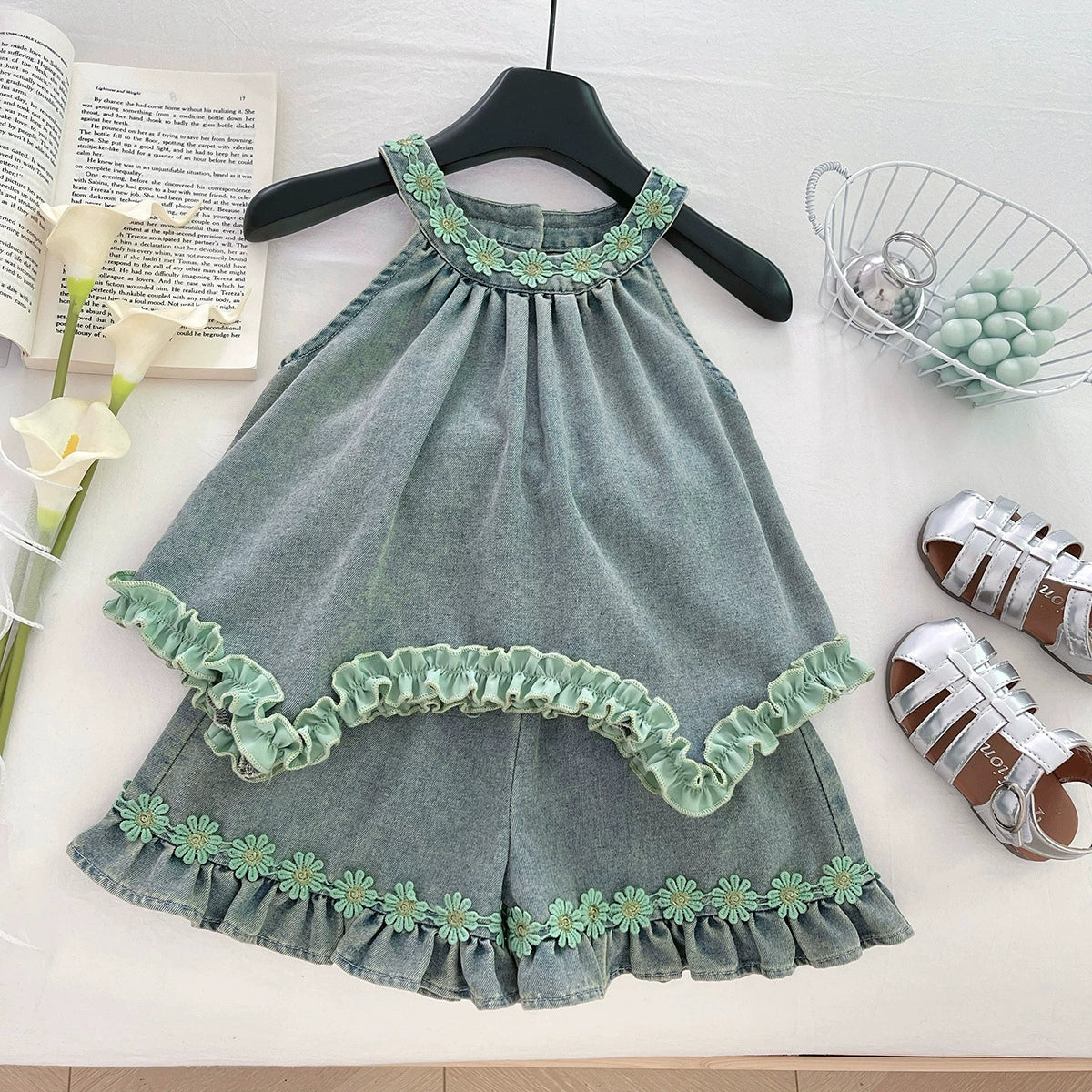 Conjunto Infantil Feminino Jeans Florzinhas