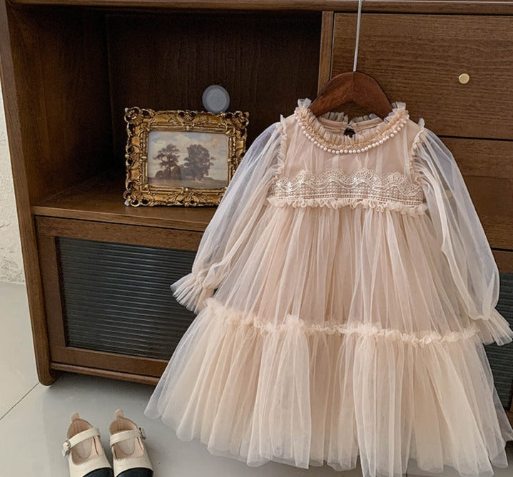 Vestido Infantil Tule Renda e Pérolas