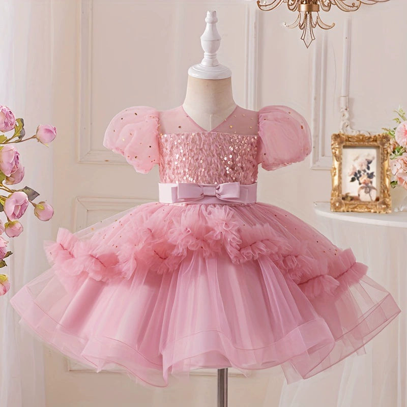 Vestido Infantil de Festa Rosa Bufante Brilhos