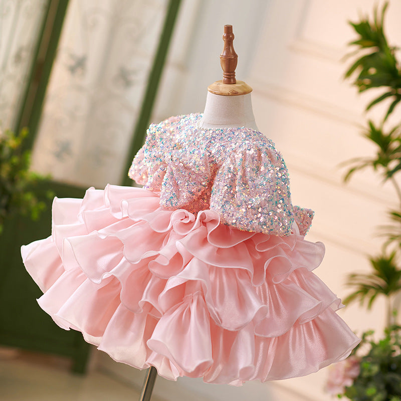 Vestido Infantil Rosa Brilhante Camadas