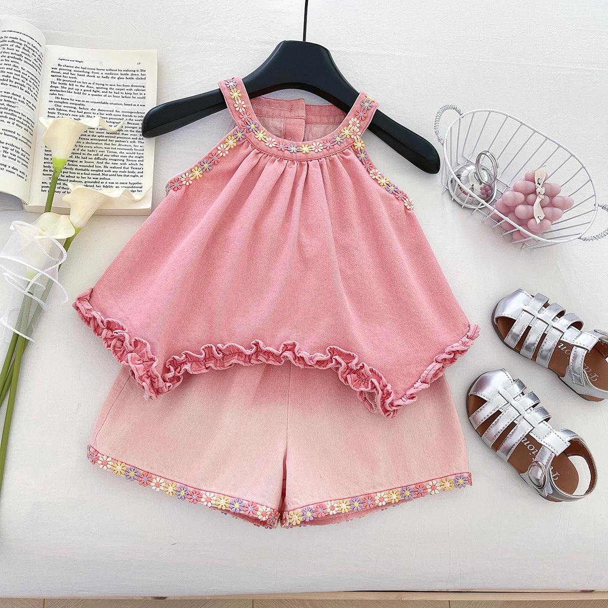 Conjunto Infantil Feminino Jeans Florzinhas