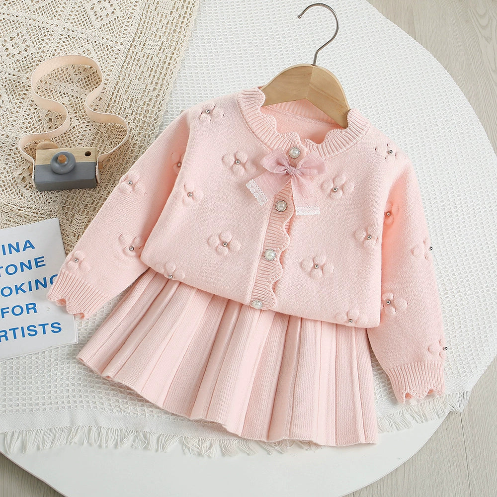 Conjunto Infantil Tricô Florzinhas e Laço