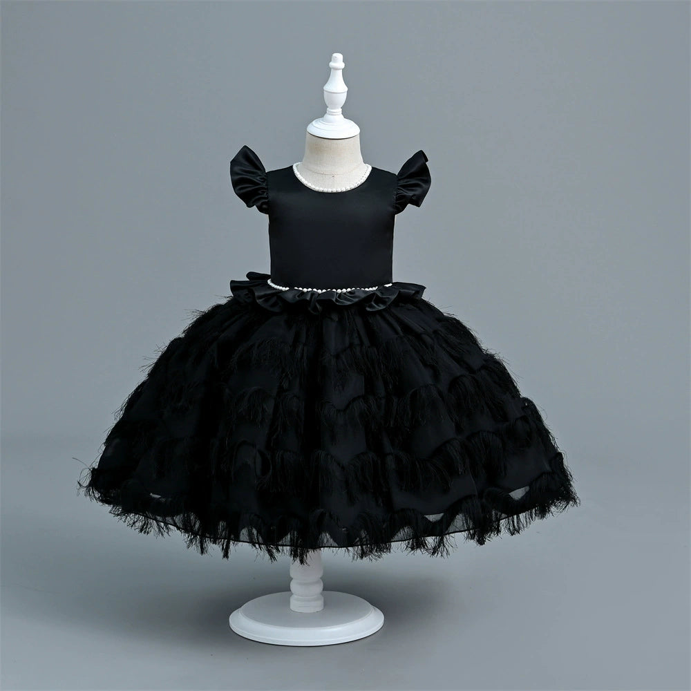 Vestido Infantil De Festa Tule Camadas e Plumas