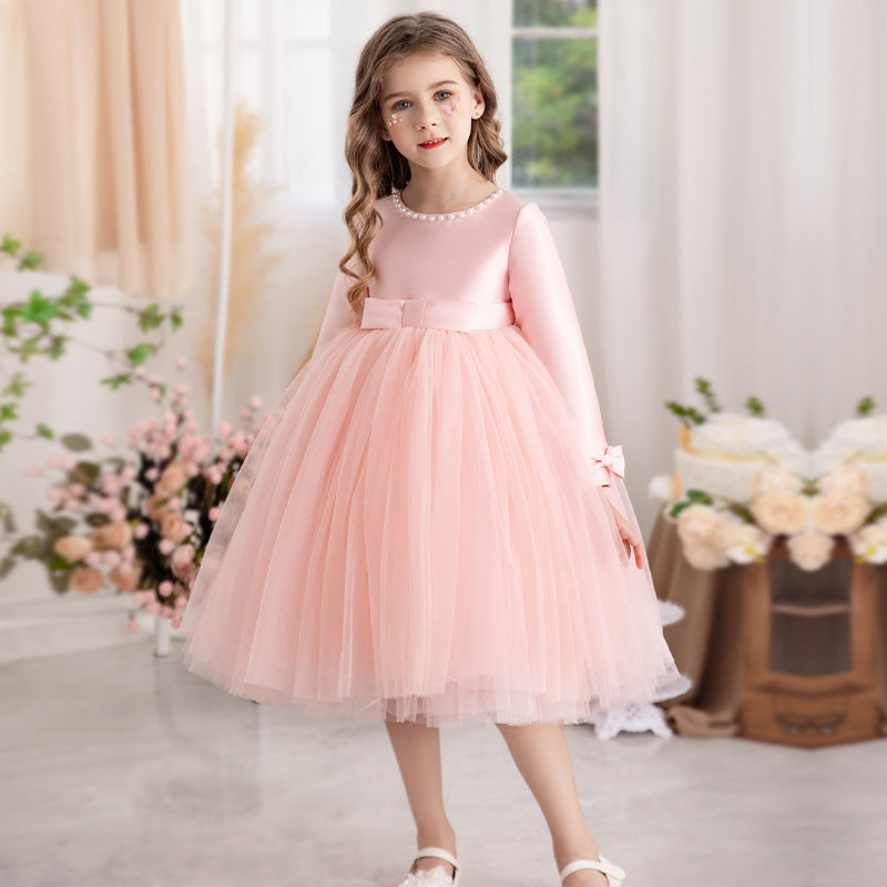 Vestido Infantil Manga Longa Lacinho e Pérolas