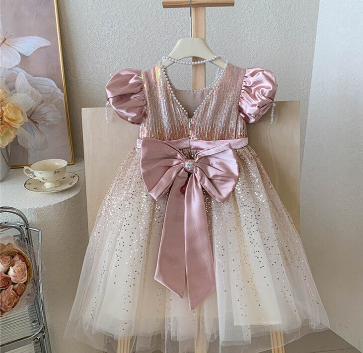 Vestido Infantil Brilhante Pérolas Lacinho