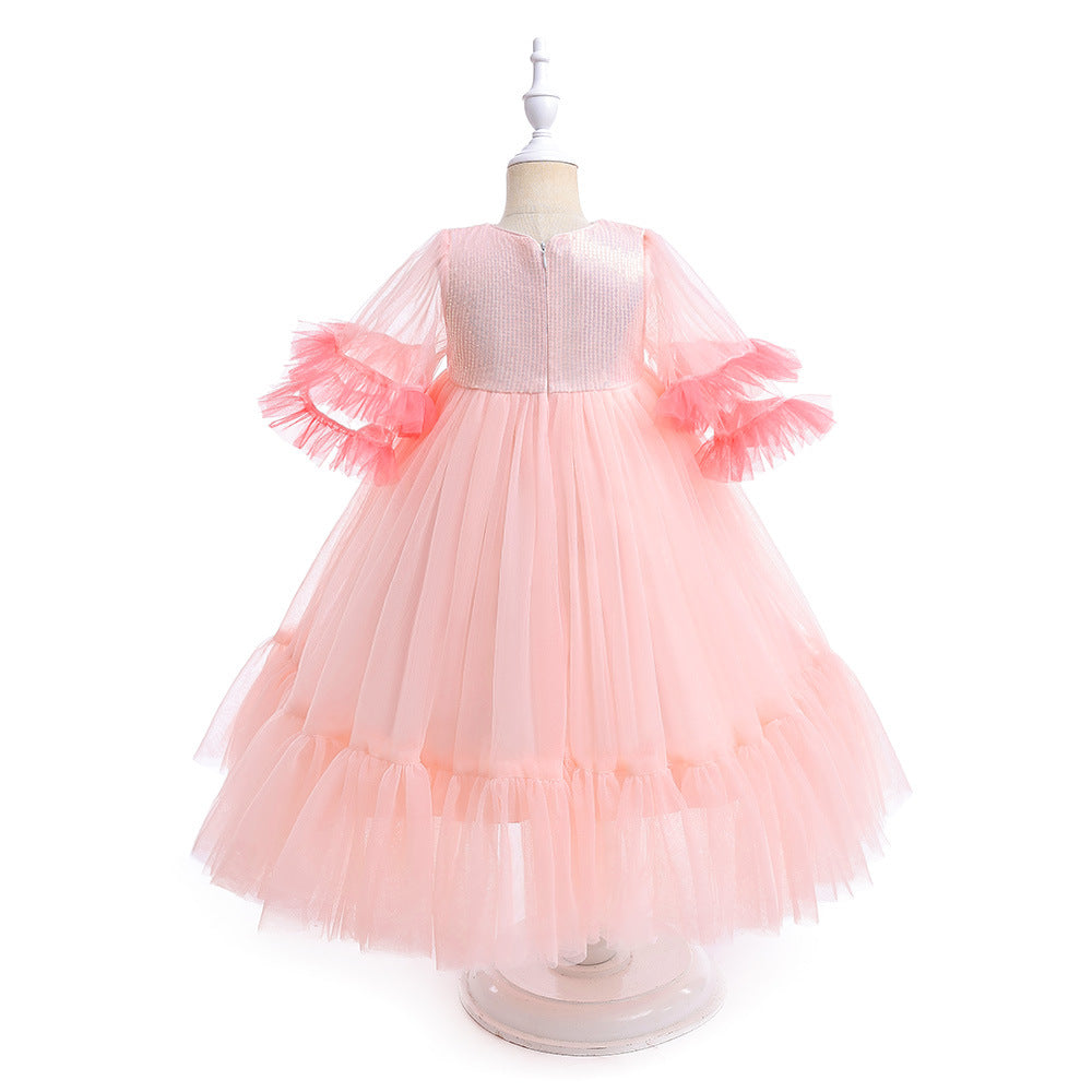 Vestido De Festa Infantil Rosa Tule e Lantejoulas