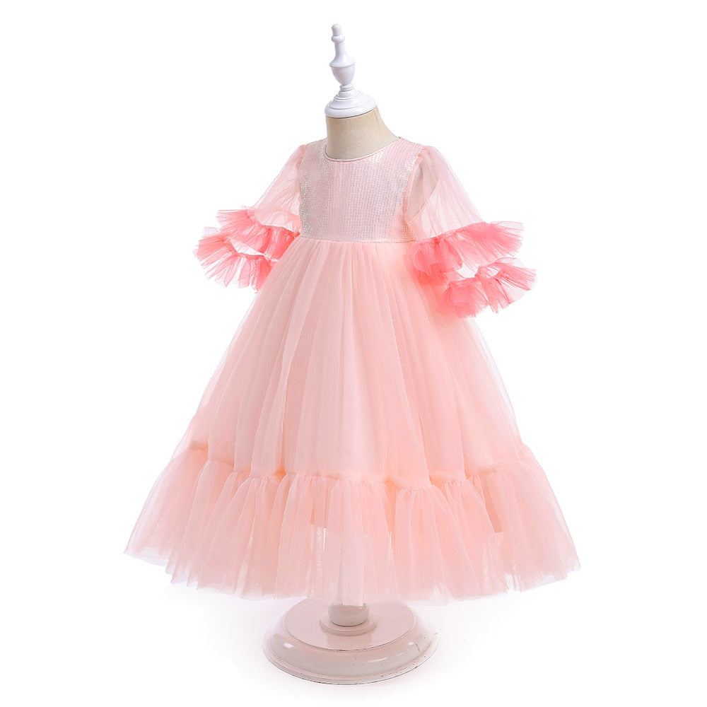 Vestido De Festa Infantil Rosa Tule e Lantejoulas