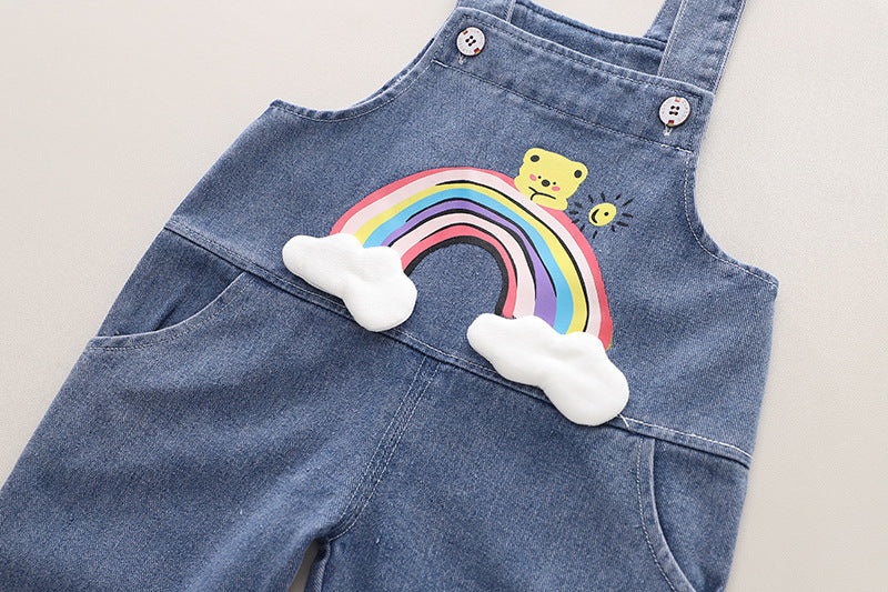 Conjunto Infantil Jardineira Arco íris Jeans e Lístras