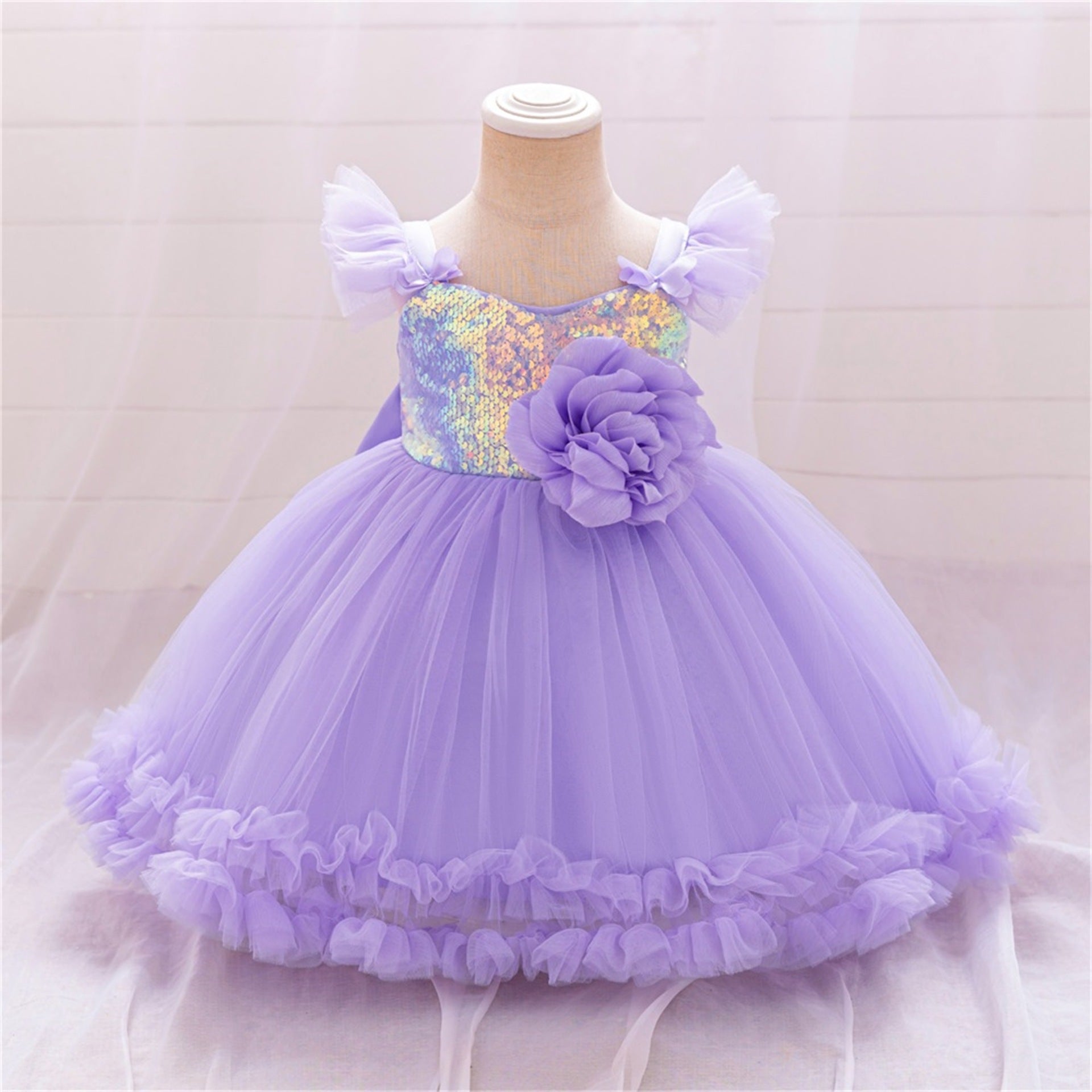 Vestido Infantil Tule Brilhante Flor