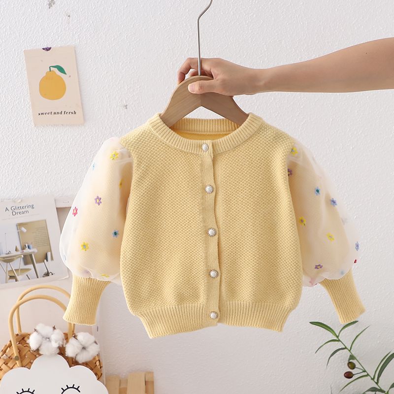 Cardigan Infantil Tricô Manga Florzinhas