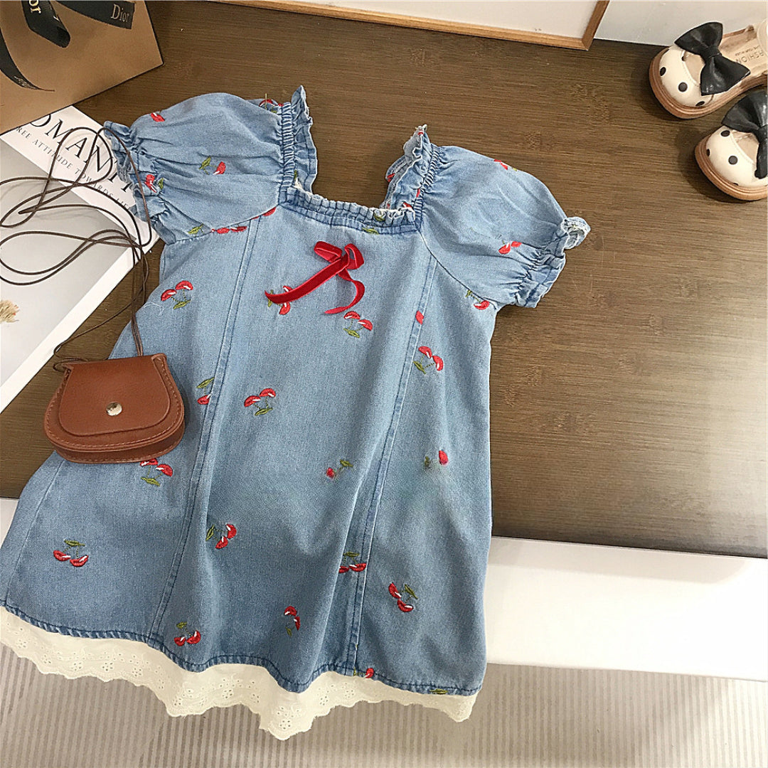 Vestido Infantil Jeans Bordado Cerejinha