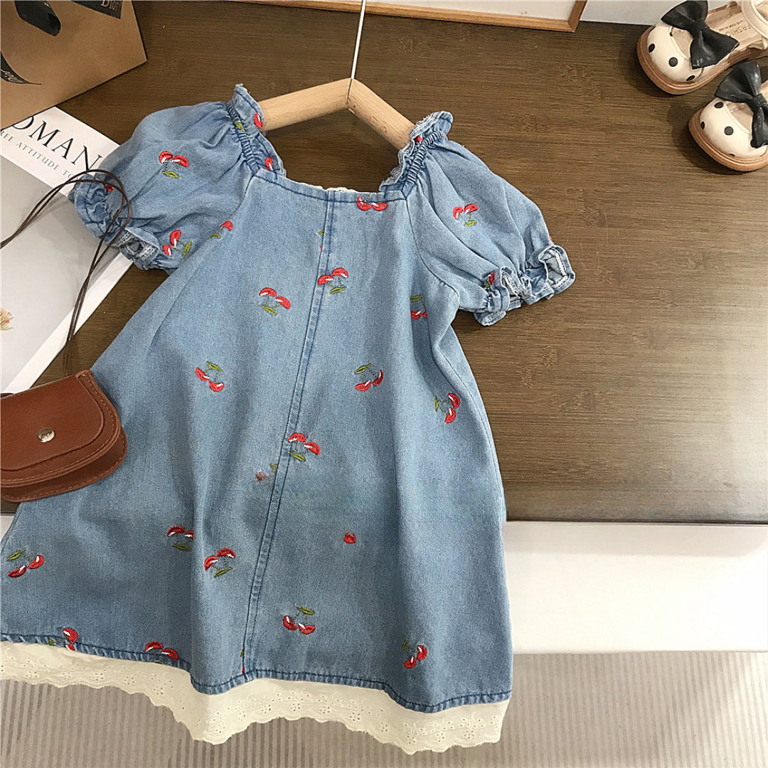 Vestido Infantil Jeans Bordado Cerejinha