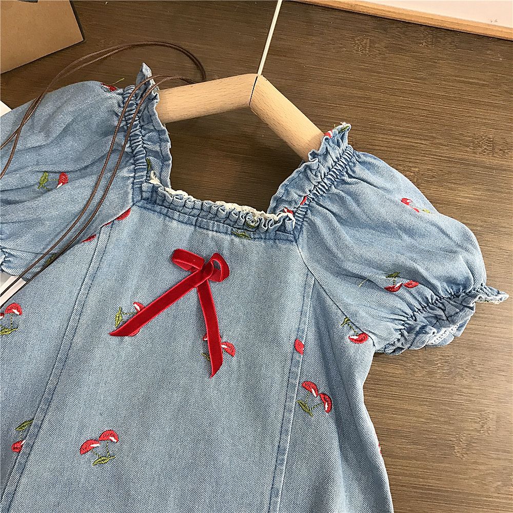 Vestido Infantil Jeans Bordado Cerejinha