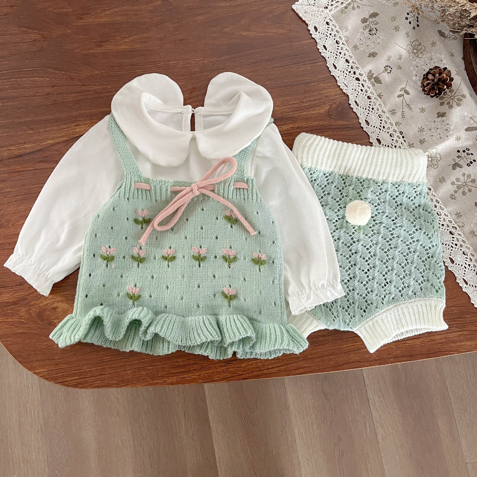 Conjunto Infantil Feminino Tricô 3 Peças