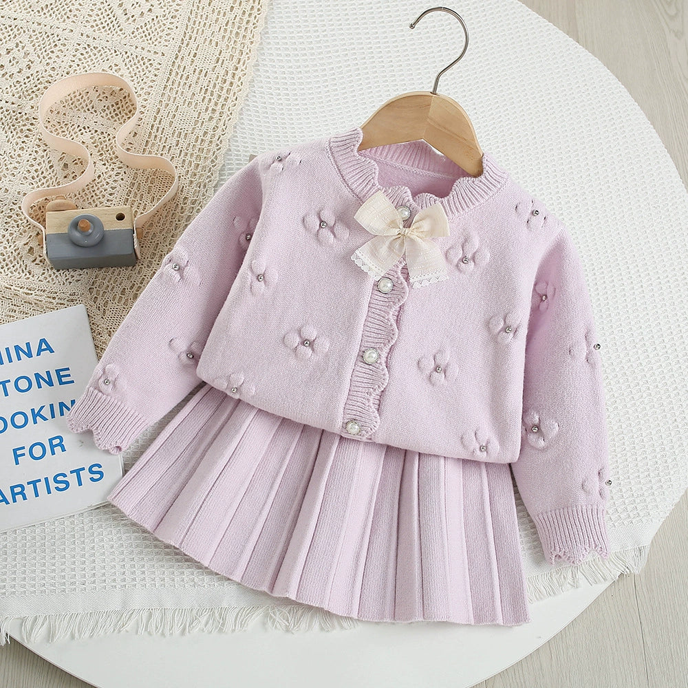 Conjunto Infantil Tricô Florzinhas e Laço