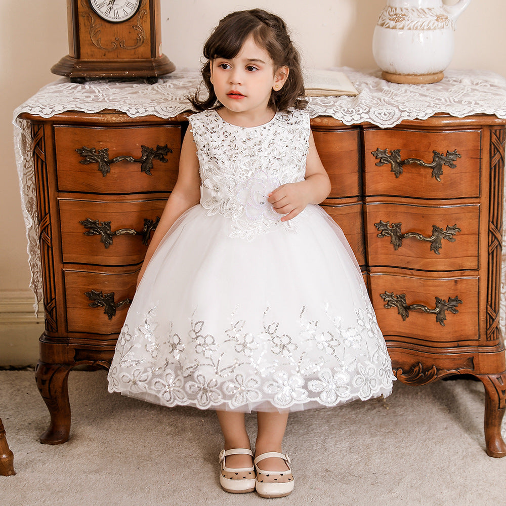 Vestido De Festa Infantil Tule Brilhante e Florzinhas