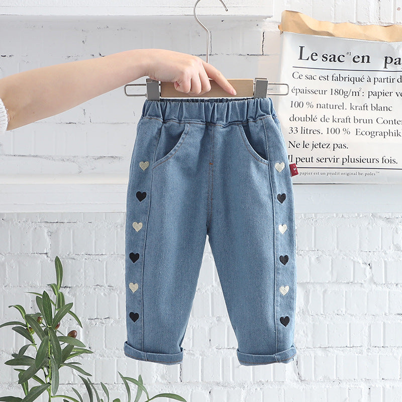 Calça Infantil Feminina Jeans Lacinho e Coraçõeszinhos